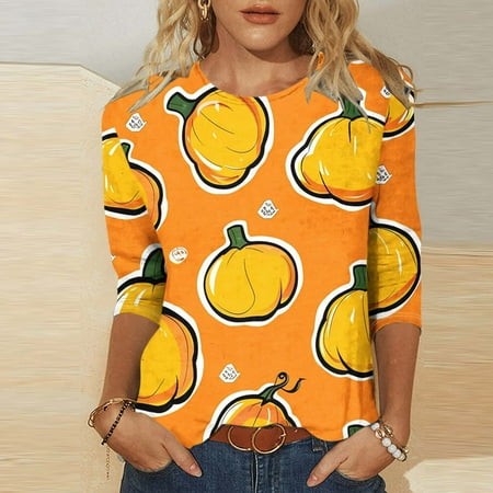 SZJXBUY 3/4 Length Sleeve Womens Blouse Halloween Shirts for Women 3/4 Sleeves Womens Tops 2024 Fall Tshirts Casual Crewneck Ghost Graphic Tee Shirt M