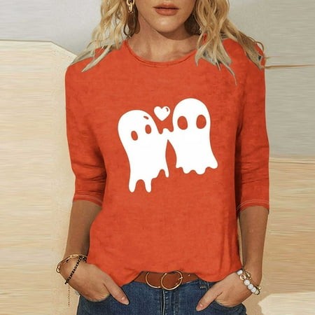 SZJXBUY Women Tops 3/4 Sleeve 2024 Halloween Shirts for Women Cute Vintage Ghost Graphic Tees Crewneck Tops Halloween Funny Gift T Shirt Orange L