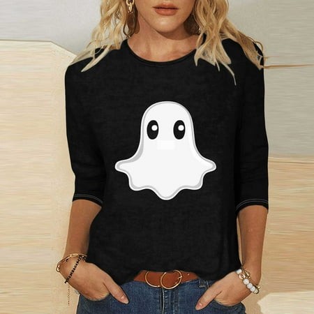 SZJXBUY 3/4 Length Sleeve Womens Shirt 2024 Halloween Shirts for Women Cute Vintage Ghost Graphic Tees Crewneck Tops Halloween Funny Gift T Shirt Blac
