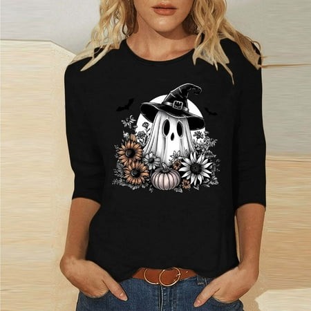 SZJXBUY Womens Blouses 3/4 Sleeve 2024 Halloween Shirts for Women Cute Vintage Ghost Graphic Tees Crewneck Tops Halloween Funny Gift T Shirt Black XXL