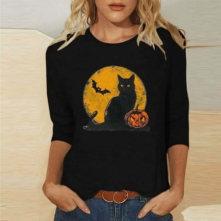 SZJXBUY Women S 3/4 Sleeve Blouse 2024 Halloween Shirts for Women Cute Vintage Ghost Graphic Tees Crewneck Tops Halloween Funny Gift T Shirt Black XXL