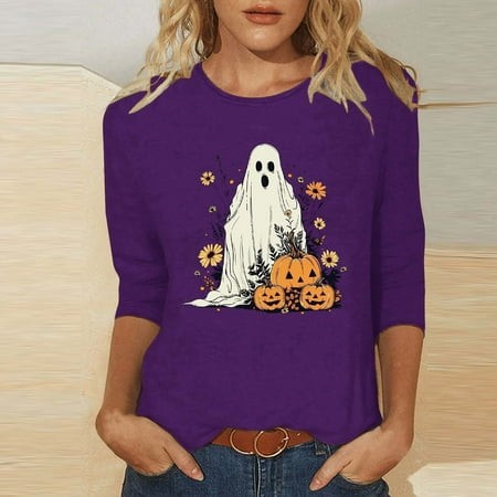 SZJXBUY Women Blouses 3/4 Sleeve 2024 Halloween Shirts for Women Cute Vintage Ghost Graphic Tees Crewneck Tops Halloween Funny Gift T Shirt Purple XXL