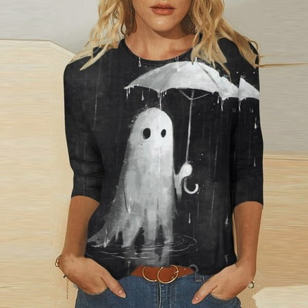 SZJXBUY 3/4 Length Sleeve Womens Tunic Tops 2024 Halloween Shirts for Women Cute Vintage Ghost Graphic Tees Crewneck Tops Halloween Funny Gift T Shirt