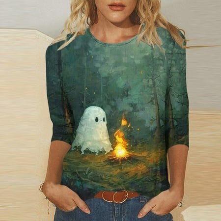 SZJXBUY 3/4 Length Sleeve Women S Blouse 2024 Halloween Shirts for Women Cute Vintage Ghost Graphic Tees Crewneck Tops Halloween Funny Gift T Shirt Gr