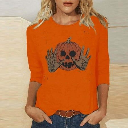 SZJXBUY Women S Blouses 3/4 Sleeve 2024 Halloween Shirts for Women Cute Vintage Ghost Graphic Tees Crewneck Tops Halloween Funny Gift T Shirt Orange X