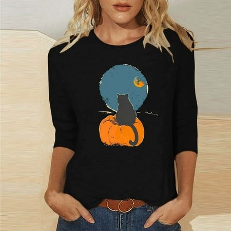 SZJXBUY Womens 3/4 Sleeve Blouses 2024 Halloween Shirts for Women Cute Vintage Ghost Graphic Tees Crewneck Tops Halloween Funny Gift T Shirt Black XXL