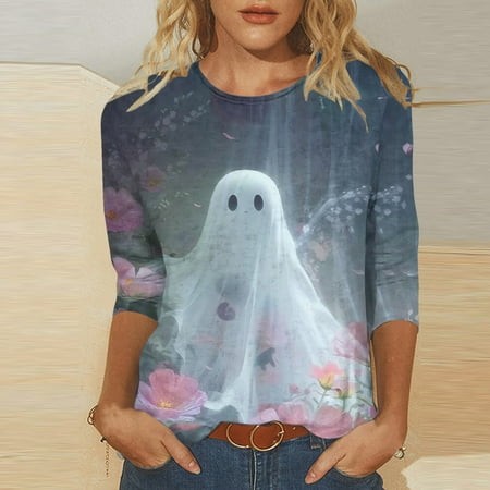 SZJXBUY 3/4 Length Sleeve Shirts for Women 2024 Halloween Shirts for Women Cute Vintage Ghost Graphic Tees Crewneck Tops Halloween Funny Gift T Shirt 