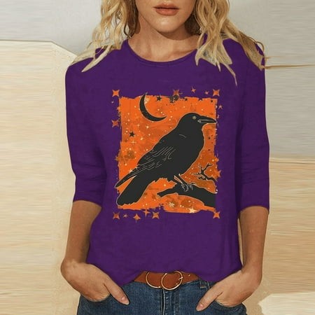 SZJXBUY Blouse 3/4 Sleeve Women 2024 Halloween Shirts for Women Cute Vintage Ghost Graphic Tees Crewneck Tops Halloween Funny Gift T Shirt Purple S