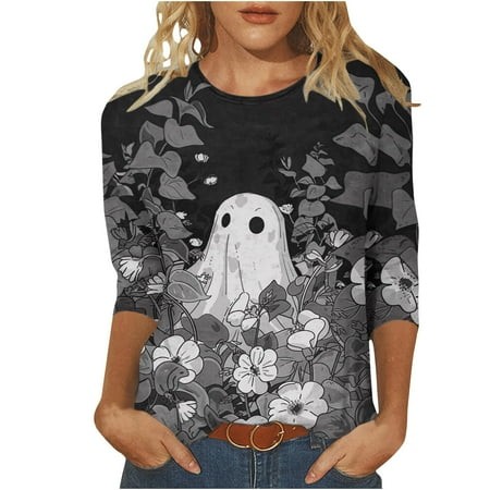 SZJXBUY Blouses 3/4 Sleeve Women 2024 Halloween Shirts for Women Cute Vintage Ghost Graphic Tees Crewneck Tops Halloween Funny Gift T Shirt Dark Gray 