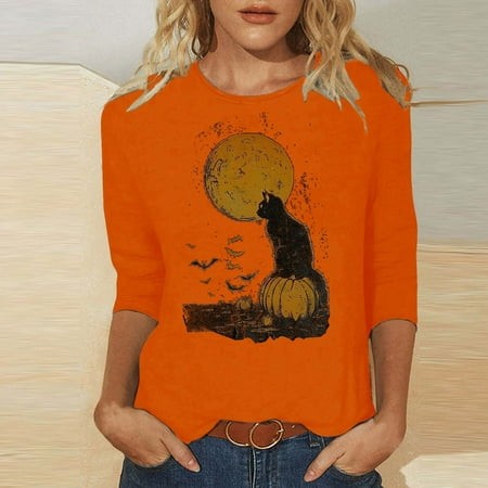 SZJXBUY Women S 3/4 Sleeve Blouses 2024 Halloween Shirts for Women Cute Vintage Ghost Graphic Tees Crewneck Tops Halloween Funny Gift T Shirt Orange S