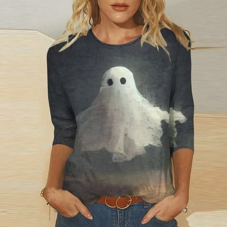 SZJXBUY 3/4 Sleeve Blouses for Women 2024 Halloween Shirts for Women Cute Vintage Ghost Graphic Tees Crewneck Tops Halloween Funny Gift T Shirt Gray X
