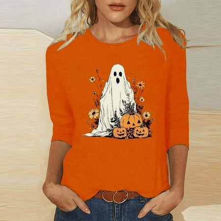 SZJXBUY Women Blouses 3/4 Sleeve 2024 Halloween Shirts for Women Cute Vintage Ghost Graphic Tees Crewneck Tops Halloween Funny Gift T Shirt Orange L