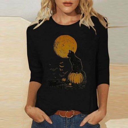 SZJXBUY Women S 3/4 Sleeve Blouses 2024 Halloween Shirts for Women Cute Vintage Ghost Graphic Tees Crewneck Tops Halloween Funny Gift T Shirt Black XX