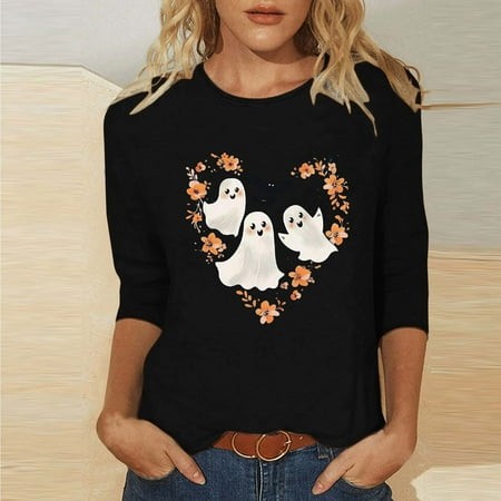 SZJXBUY 3/4 Sleeve Tshirts Shirts for Women 2024 Halloween Shirts for Women Cute Vintage Ghost Graphic Tees Crewneck Tops Halloween Funny Gift T Shirt