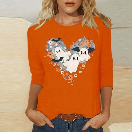 SZJXBUY 3/4 Sleeve Shirts for Women 2024 Halloween Shirts for Women Cute Vintage Ghost Graphic Tees Crewneck Tops Halloween Funny Gift T Shirt Orange 