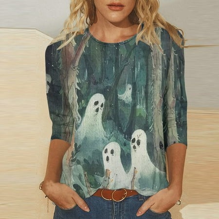 SZJXBUY 3/4 Length Sleeve Womens Blouse 2024 Halloween Shirts for Women Cute Vintage Ghost Graphic Tees Crewneck Tops Halloween Funny Gift T Shirt Gra