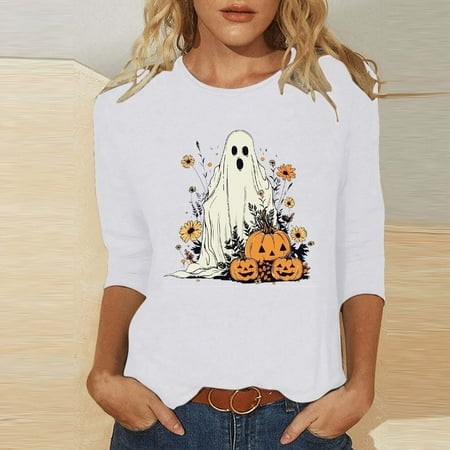 SZJXBUY Women Blouses 3/4 Sleeve 2024 Halloween Shirts for Women Cute Vintage Ghost Graphic Tees Crewneck Tops Halloween Funny Gift T Shirt White S