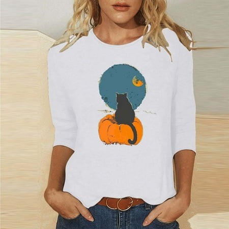 SZJXBUY Womens 3/4 Sleeve Blouses 2024 Halloween Shirts for Women Cute Vintage Ghost Graphic Tees Crewneck Tops Halloween Funny Gift T Shirt White L