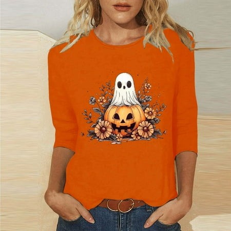 SZJXBUY Women Blouse 3/4 Sleeve 2024 Halloween Shirts for Women Cute Vintage Ghost Graphic Tees Crewneck Tops Halloween Funny Gift T Shirt Orange L