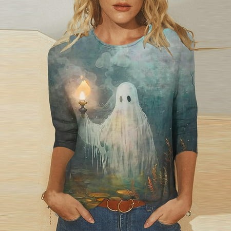 SZJXBUY 3/4 Length Sleeve Women S T Shirts 2024 Halloween Shirts for Women Cute Vintage Ghost Graphic Tees Crewneck Tops Halloween Funny Gift T Shirt 