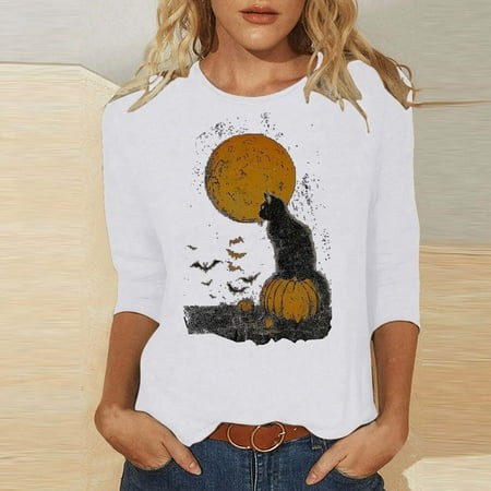 SZJXBUY Women S 3/4 Sleeve Blouses 2024 Halloween Shirts for Women Cute Vintage Ghost Graphic Tees Crewneck Tops Halloween Funny Gift T Shirt White S