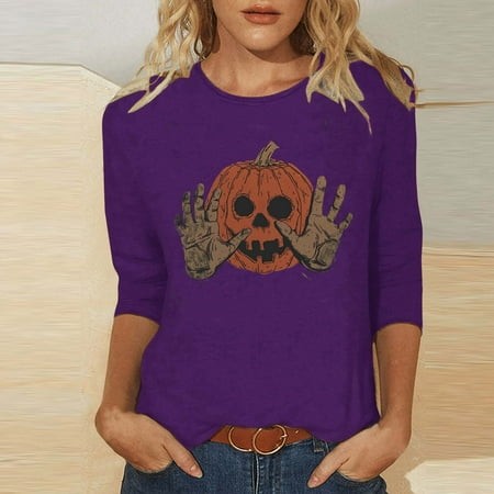 SZJXBUY Women S Blouses 3/4 Sleeve 2024 Halloween Shirts for Women Cute Vintage Ghost Graphic Tees Crewneck Tops Halloween Funny Gift T Shirt Purple X