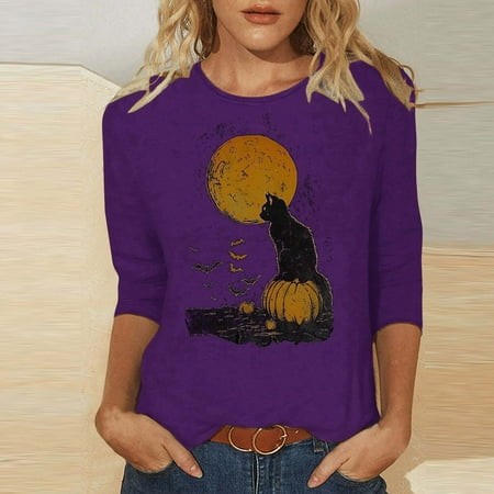 SZJXBUY Women S 3/4 Sleeve Blouses 2024 Halloween Shirts for Women Cute Vintage Ghost Graphic Tees Crewneck Tops Halloween Funny Gift T Shirt Purple X