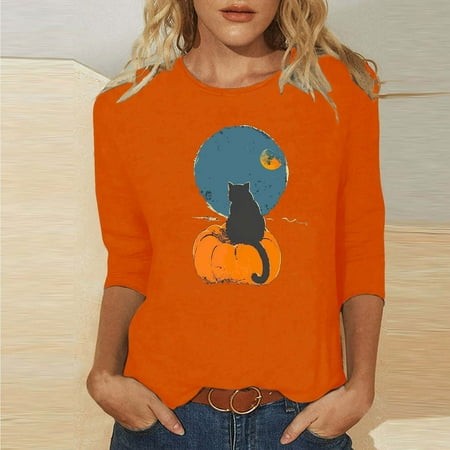 SZJXBUY Womens 3/4 Sleeve Blouses 2024 Halloween Shirts for Women Cute Vintage Ghost Graphic Tees Crewneck Tops Halloween Funny Gift T Shirt Orange XX