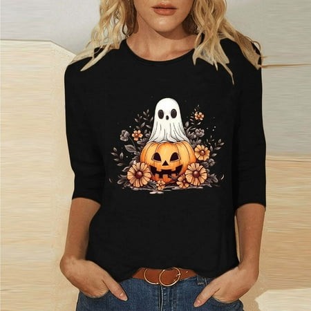 SZJXBUY Women Blouse 3/4 Sleeve 2024 Halloween Shirts for Women Cute Vintage Ghost Graphic Tees Crewneck Tops Halloween Funny Gift T Shirt Black S