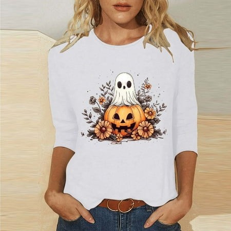 SZJXBUY Women Blouse 3/4 Sleeve 2024 Halloween Shirts for Women Cute Vintage Ghost Graphic Tees Crewneck Tops Halloween Funny Gift T Shirt White XXL