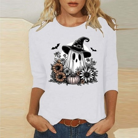 SZJXBUY Womens Blouses 3/4 Sleeve 2024 Halloween Shirts for Women Cute Vintage Ghost Graphic Tees Crewneck Tops Halloween Funny Gift T Shirt White M