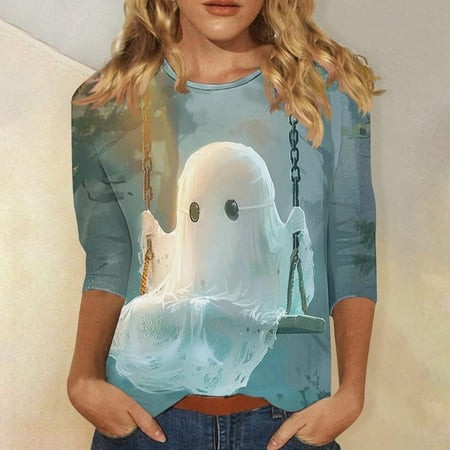 SZJXBUY Women S Ghost Top Womens Halloween Shirts 3/4 Length Sleeve Womens Tops Crew Neck Tshirts Printed Cute Shirts Halloween Costumes 2024 Green L