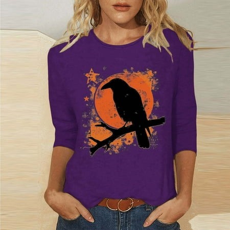 SZJXBUY Womens 3/4 Sleeve Blouse 2024 Halloween Shirts for Women Cute Vintage Ghost Graphic Tees Crewneck Tops Halloween Funny Gift T Shirt Purple XXL