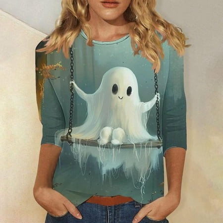 SZJXBUY Women S Halloween Tops Womens Ghost Shirts 3/4 Length Sleeve Womens Tops Crew Neck Tshirts Printed Cute Shirts Halloween Costumes 2024 Green S