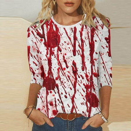 SZJXBUY Blouses 3/4 Sleeve Women Halloween Shirts for Women Crewneck Tunic Tshirt Cute Ghost Graphic Tee 2024 Fall Outfits Funny Gifts Tops White L