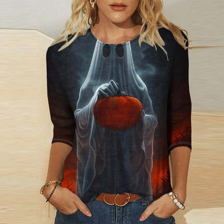 SZJXBUY Womens Shirt  Halloween Shirts for Women 3/4 Length Sleeve Womens Tops 2024 Fall Tshirts Casual Crewneck Ghost Graphic Tee Shirt Multicolor S