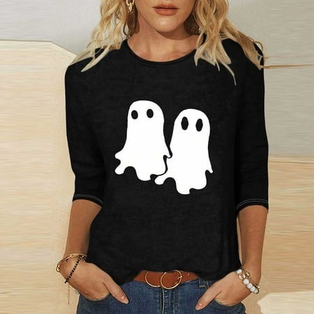 SZJXBUY Womens 3/4 Sleeve Tops and Blouses 2024 Halloween Shirts for Women Cute Vintage Ghost Graphic Tees Crewneck Tops Halloween Funny Gift T Shirt 