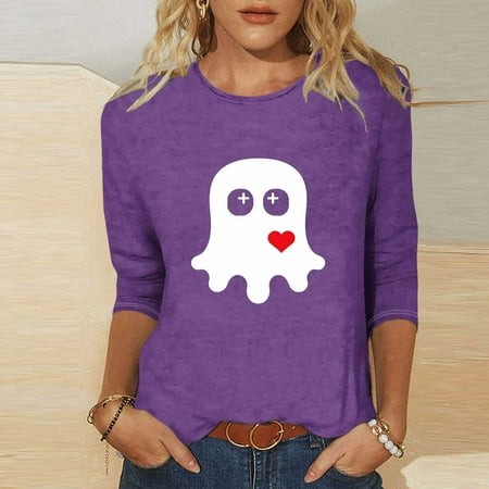 SZJXBUY 3/4 Sleeve T Shirts for Women 2024 Halloween Shirts for Women Cute Vintage Ghost Graphic Tees Crewneck Tops Halloween Funny Gift T Shirt Purpl