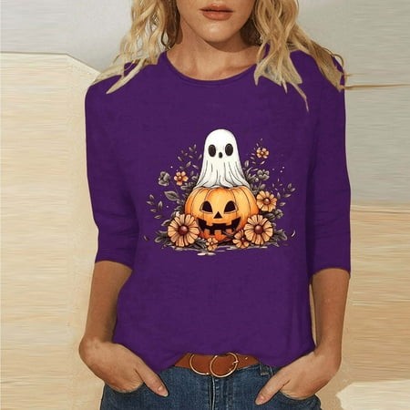 SZJXBUY Women Blouse 3/4 Sleeve 2024 Halloween Shirts for Women Cute Vintage Ghost Graphic Tees Crewneck Tops Halloween Funny Gift T Shirt Purple M