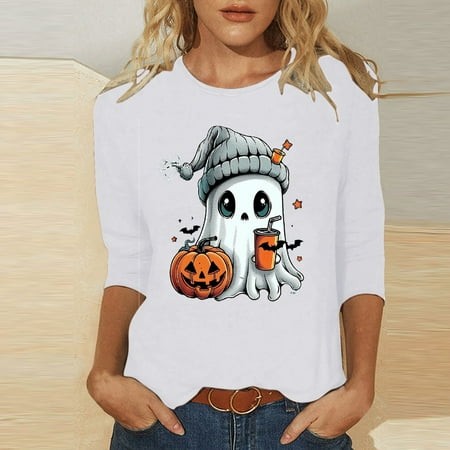 SZJXBUY Women S Blouse 3/4 Sleeve 2024 Halloween Shirts for Women Cute Vintage Ghost Graphic Tees Crewneck Tops Halloween Funny Gift T Shirt White L
