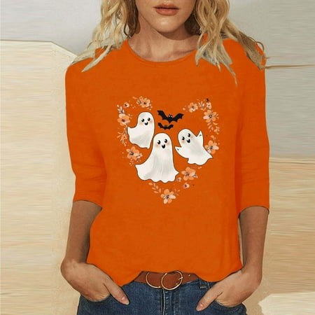 SZJXBUY 3/4 Sleeve Tshirts Shirts for Women 2024 Halloween Shirts for Women Cute Vintage Ghost Graphic Tees Crewneck Tops Halloween Funny Gift T Shirt