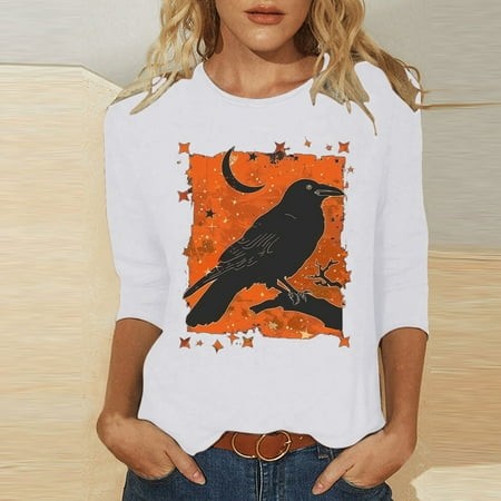 SZJXBUY Blouse 3/4 Sleeve Women 2024 Halloween Shirts for Women Cute Vintage Ghost Graphic Tees Crewneck Tops Halloween Funny Gift T Shirt White S