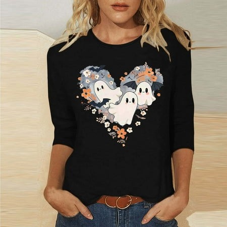 SZJXBUY 3/4 Sleeve Shirts for Women 2024 Halloween Shirts for Women Cute Vintage Ghost Graphic Tees Crewneck Tops Halloween Funny Gift T Shirt Black X