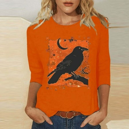 SZJXBUY Blouse 3/4 Sleeve Women 2024 Halloween Shirts for Women Cute Vintage Ghost Graphic Tees Crewneck Tops Halloween Funny Gift T Shirt Orange XL