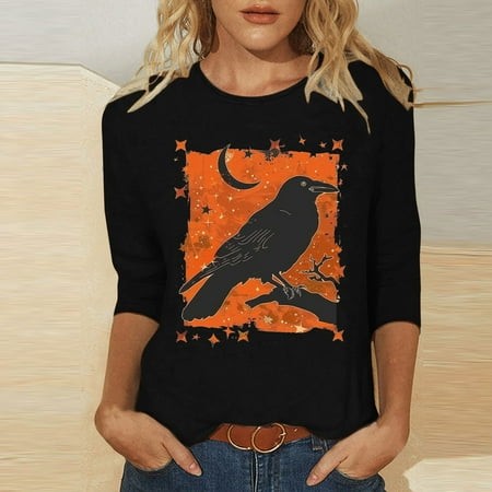 SZJXBUY Blouse 3/4 Sleeve Women 2024 Halloween Shirts for Women Cute Vintage Ghost Graphic Tees Crewneck Tops Halloween Funny Gift T Shirt Black XXL