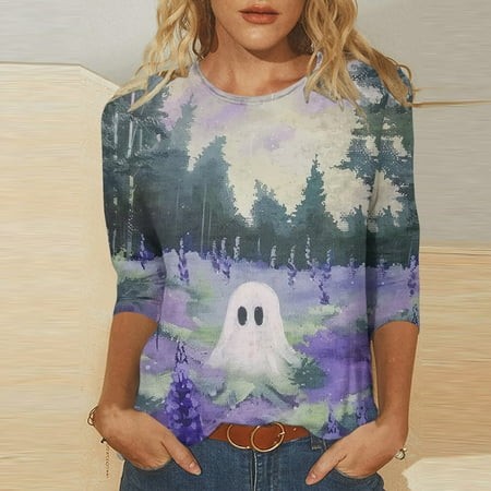 SZJXBUY 3/4 Sleeve Women S Blouse 2024 Halloween Shirts for Women Cute Vintage Ghost Graphic Tees Crewneck Tops Halloween Funny Gift T Shirt Multicolo