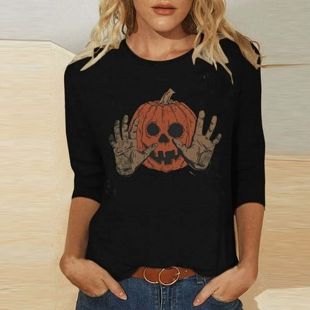 SZJXBUY Women S Blouses 3/4 Sleeve 2024 Halloween Shirts for Women Cute Vintage Ghost Graphic Tees Crewneck Tops Halloween Funny Gift T Shirt Black M