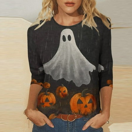 SZJXBUY 3/4 Length Sleeve Womens T Shirt 2024 Halloween Shirts for Women Cute Vintage Ghost Graphic Tees Crewneck Tops Halloween Funny Gift T Shirt Bl