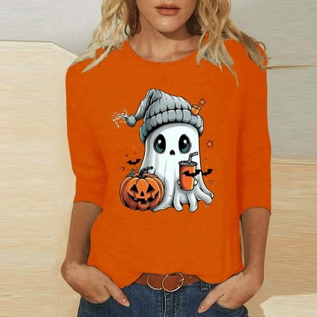 SZJXBUY Women S Blouse 3/4 Sleeve 2024 Halloween Shirts for Women Cute Vintage Ghost Graphic Tees Crewneck Tops Halloween Funny Gift T Shirt Orange L