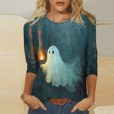 SZJXBUY 3/4 Length Sleeve Womens T Shirts 2024 Halloween Shirts for Women Cute Vintage Ghost Graphic Tees Crewneck Tops Halloween Funny Gift T Shirt L